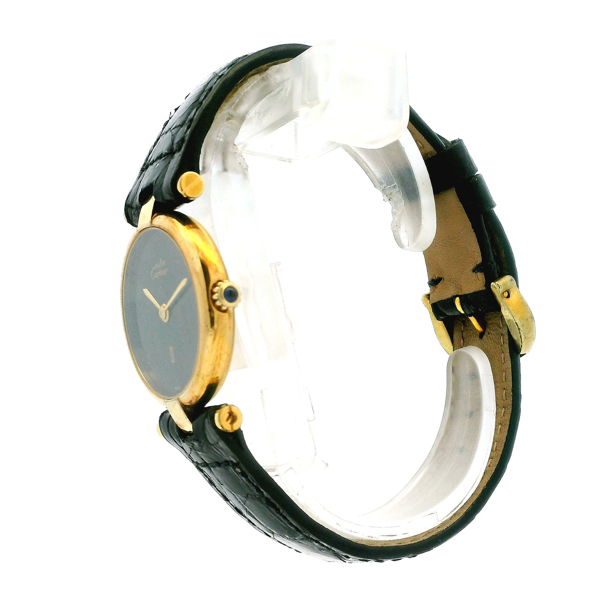 Must de Cartier Vendome 18k Gold Plated Black Dial Leather Strap Watch — macro detail of the dial