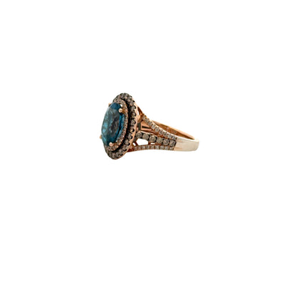 14k White and Rose Gold Le Vian Deep Sea Blue Topaz Oval Halo Ring — macro detail of the stones