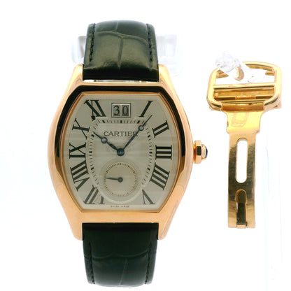 Cartier Tortue 18k Rose Gold 38mm Silver Dial Black Strap Watch — macro detail of the dial
