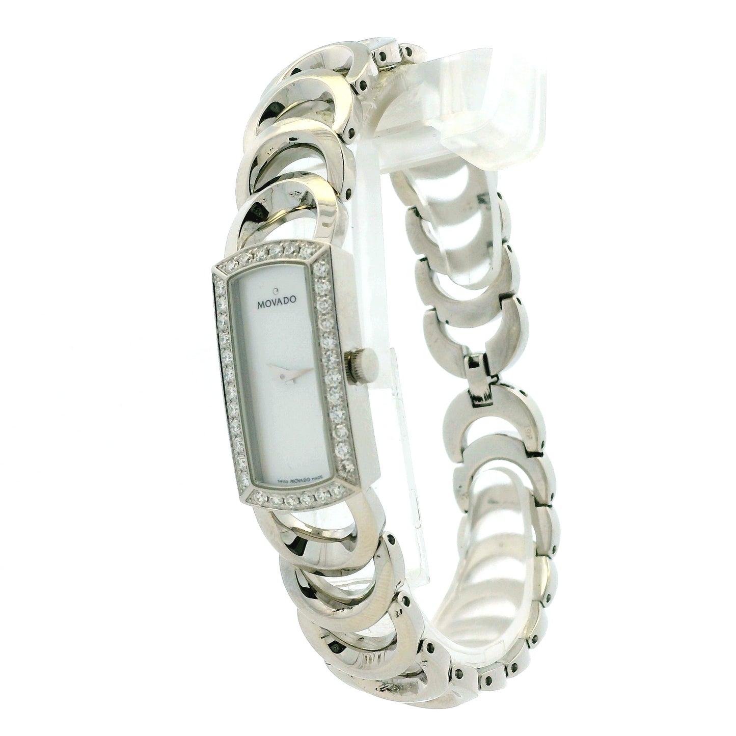 Movado Rondiro 0606007 Mother of Pearl Diamond Bezel Rectangle Stainless Steel Watch — macro detail of the dial