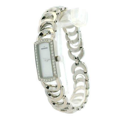 Movado Rondiro 0606007 Mother of Pearl Diamond Bezel Rectangle Stainless Steel Watch — macro detail of the dial