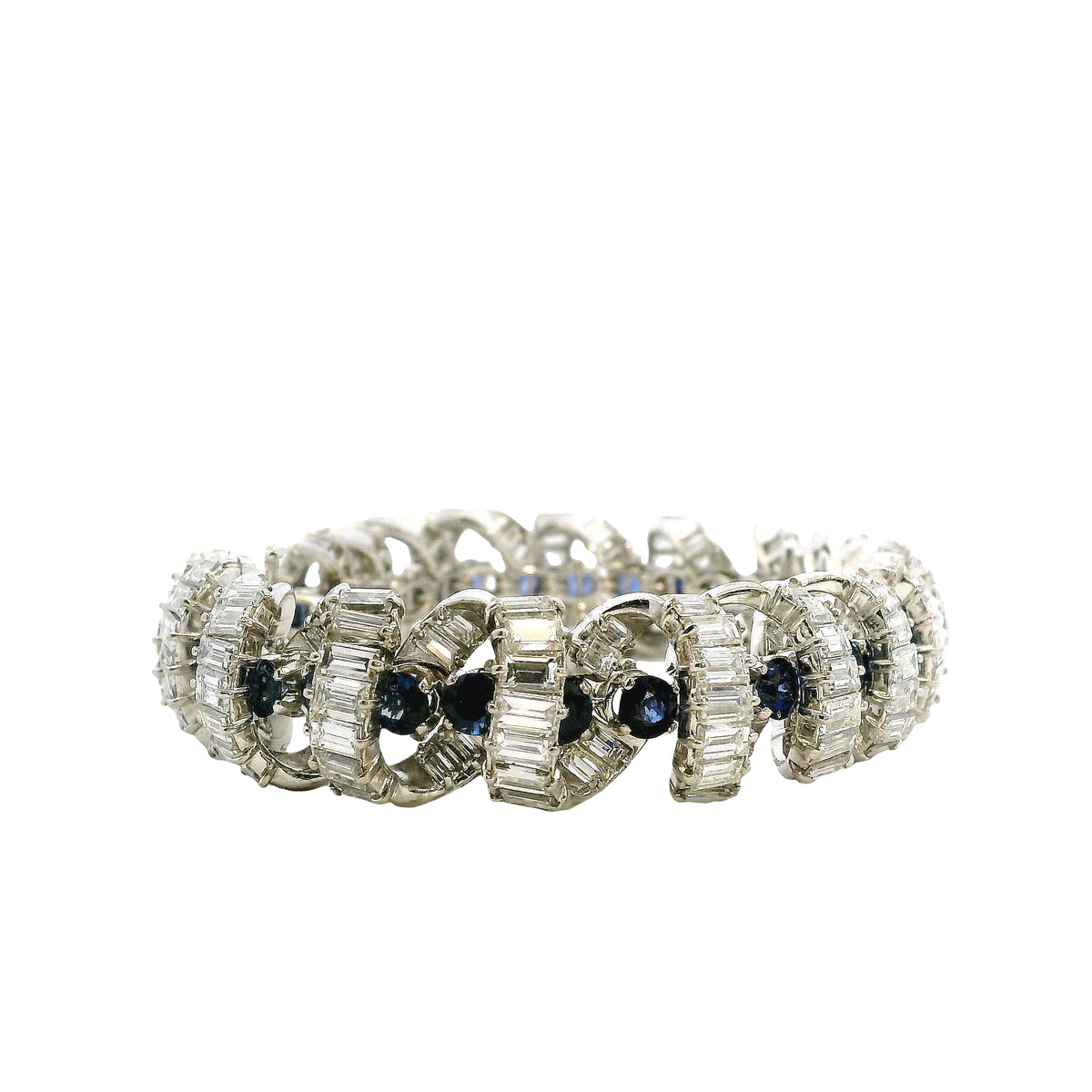 Platinum 25ctw Baguette Cut Diamond and Natural Blue Sapphire Interlocking Link Statement… — macro detail of the clasp