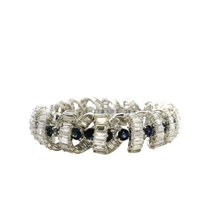 Platinum 25ctw Baguette Cut Diamond and Natural Blue Sapphire Interlocking Link Statement… — macro detail of the clasp