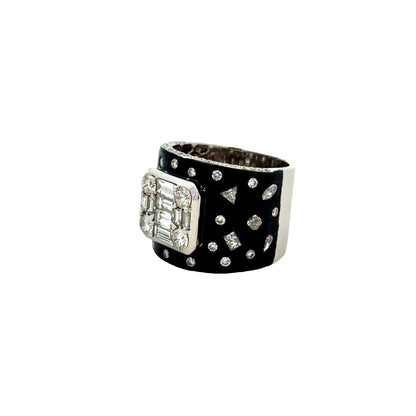 18k White Gold 2.75ctw Round Brilliant and Baguette Diamond Black Enamel Cocktail Ring — macro detail of the stones