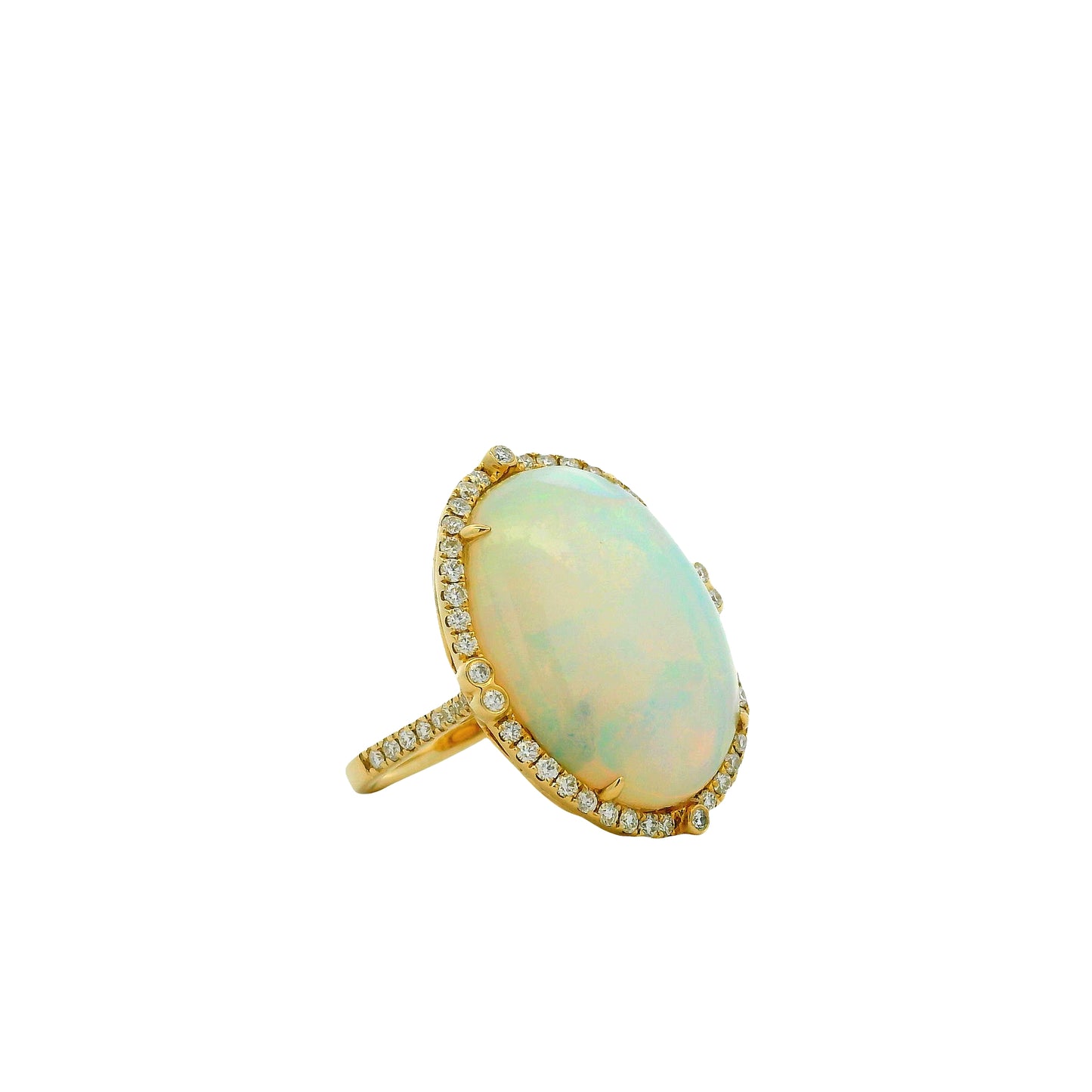 14k Yellow Gold 12.47ct Oval Opal and 0.66ctw Diamond Halo Cocktail Ring — macro detail of the stones