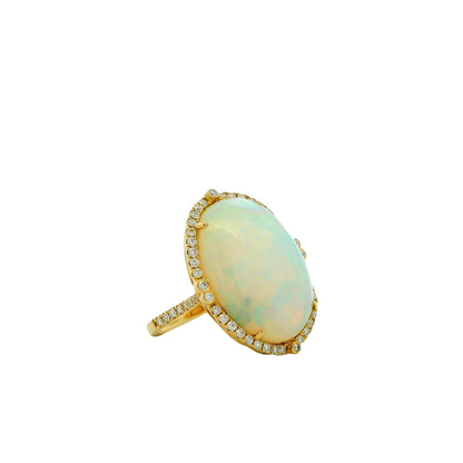14k Yellow Gold 12.47ct Oval Opal and 0.66ctw Diamond Halo Cocktail Ring — macro detail of the stones