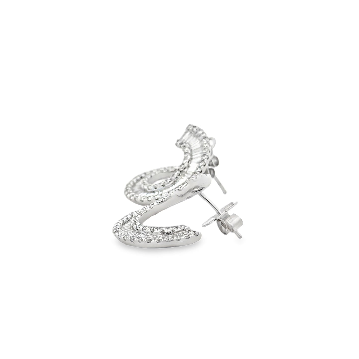 18k White Gold 3.97ctw Round Brilliant and Baguette Diamond Hoop Earrings — macro detail