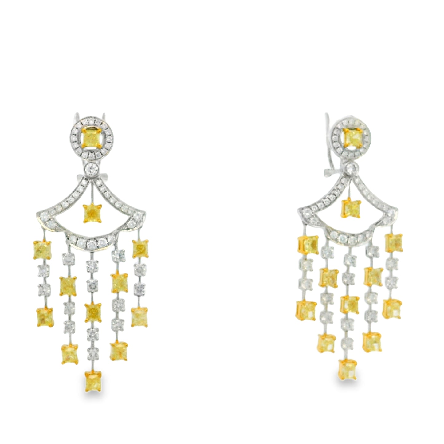 18k Two-Tone Gold 5.86ct Fancy Yellow and 2.71ctw Round Brilliant Diamond Dangle Earrings — macro detail of the stone