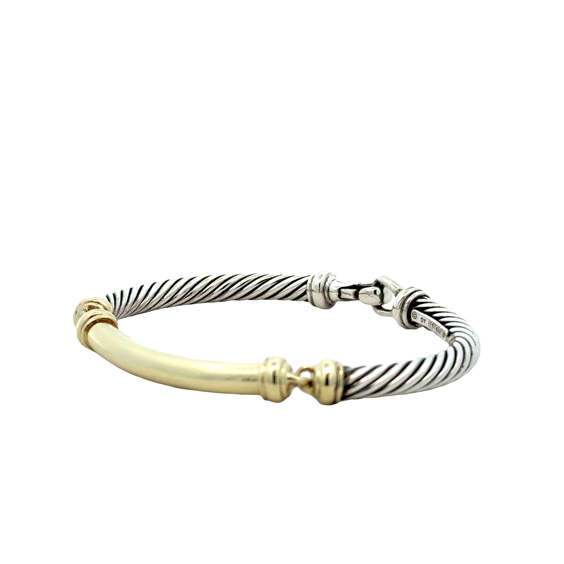 David Yurman 14k Yellow Gold and Sterling Silver Cable Bangle Bracelet — macro detail of the clasp