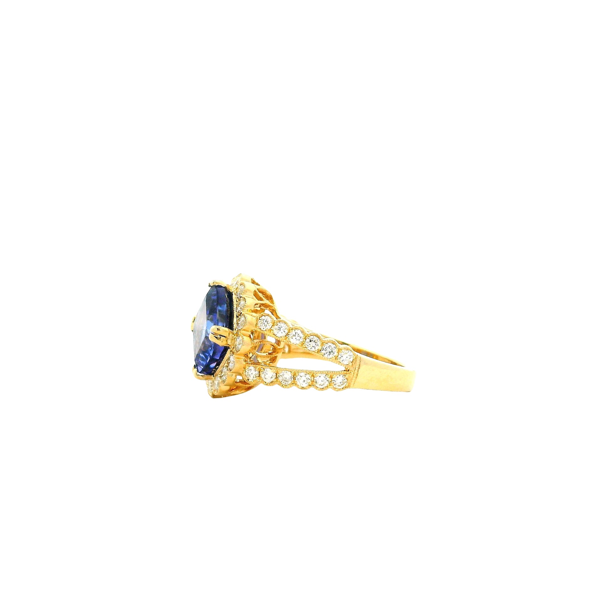 14k Yellow Gold 3.75ct Cushion Cut Tanzanite Halo Cocktail Ring — macro detail of the stones