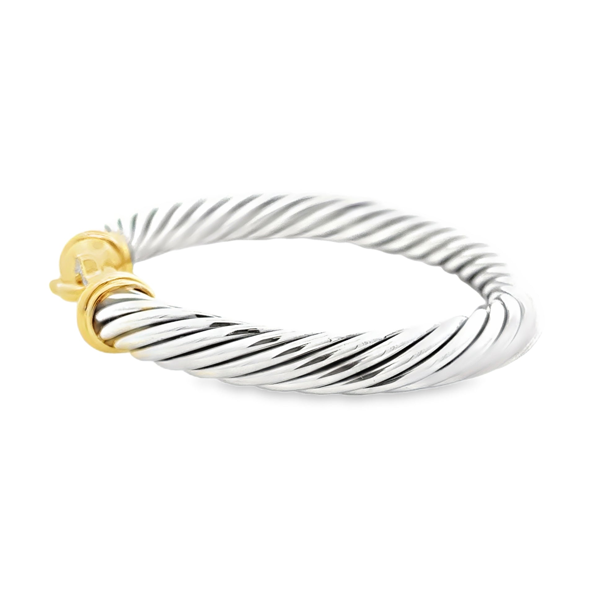 David Yurman Silver and 14k Gold Classic Cable Buckle Bangle Bracelet — macro detail of the clasp