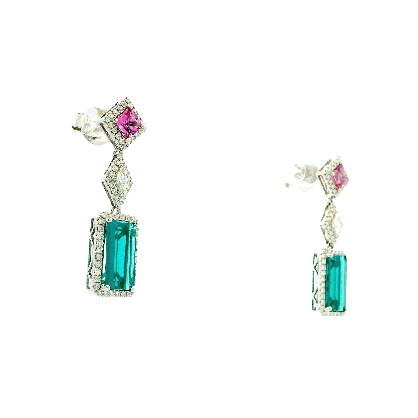 14k White Gold 6.52ctw Blue Tourmaline, Pink Sapphire, and Diamond Drop Earrings — macro detail of the stone