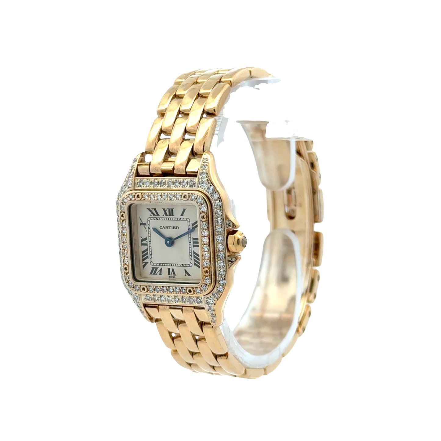 Cartier Mini Panthere 18k Yellow Gold Diamond Bezel Roman Numeral Watch — macro detail of the dial