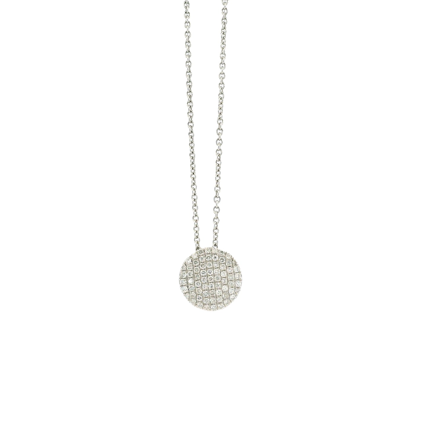 18k White Gold 0.55ctw Round Brilliant Diamond Pavé Button Pendant Necklace — macro detail of the centerpiece