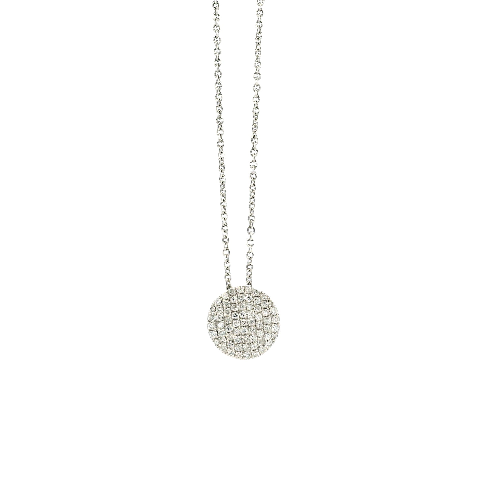 18k White Gold 0.55ctw Round Brilliant Diamond Pavé Button Pendant Necklace — macro detail of the centerpiece