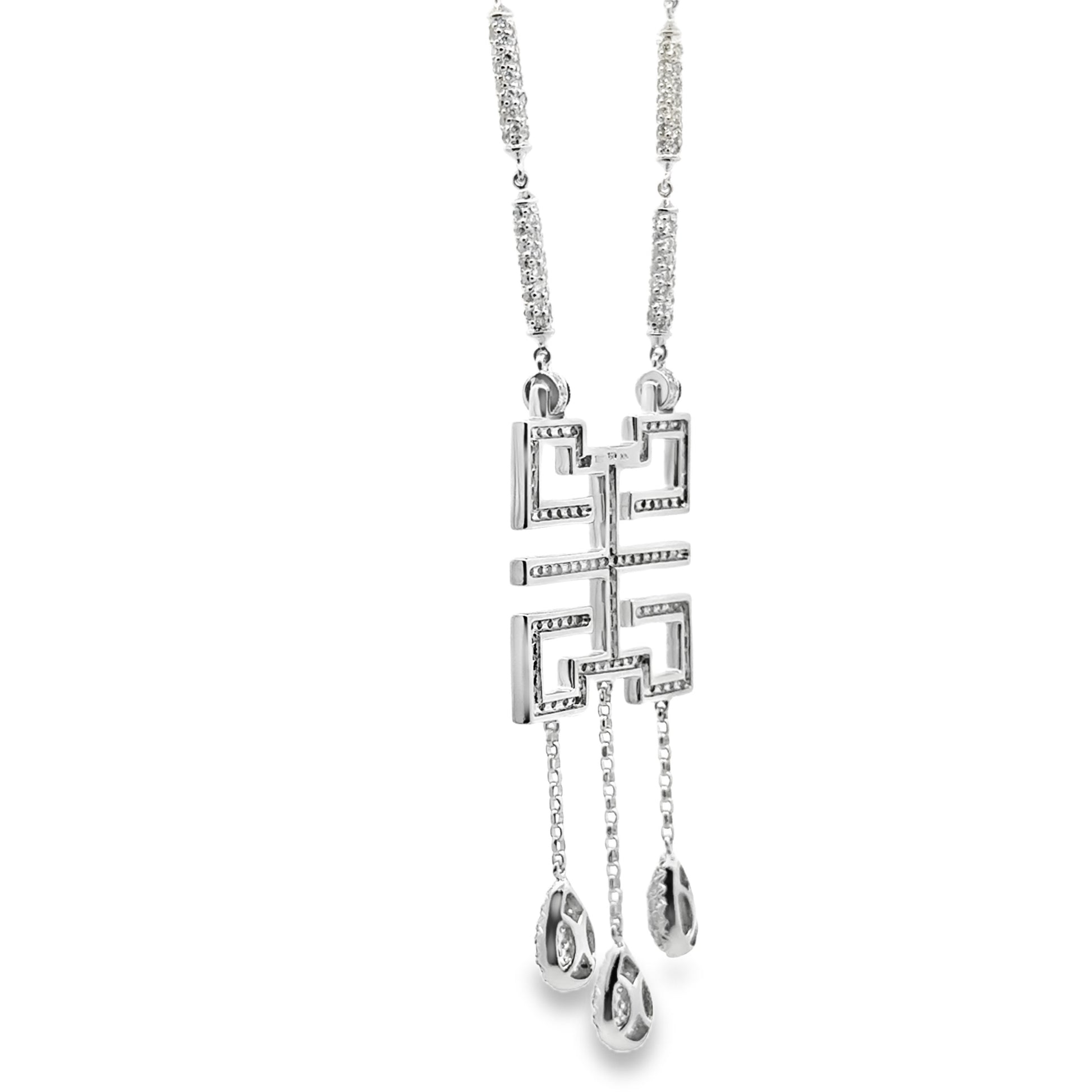 18k White Gold 3.50ctw Pavé Diamond Greek Key Pendant Necklace — macro detail of the centerpiece