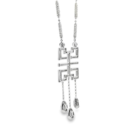 18k White Gold 3.50ctw Pavé Diamond Greek Key Pendant Necklace — macro detail of the centerpiece