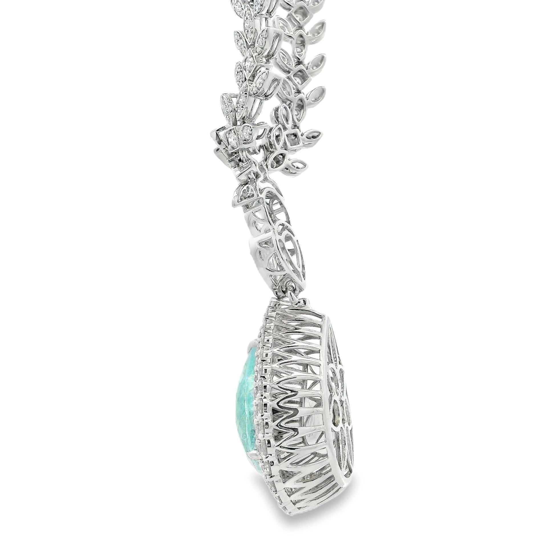 18k White Gold GIA Certified 19.58ct Paraiba Tourmaline & 6.58ctw Diamond Necklace — macro detail of the centerpiece
