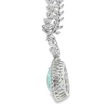 18k White Gold GIA Certified 19.58ct Paraiba Tourmaline & 6.58ctw Diamond Necklace — macro detail of the centerpiece
