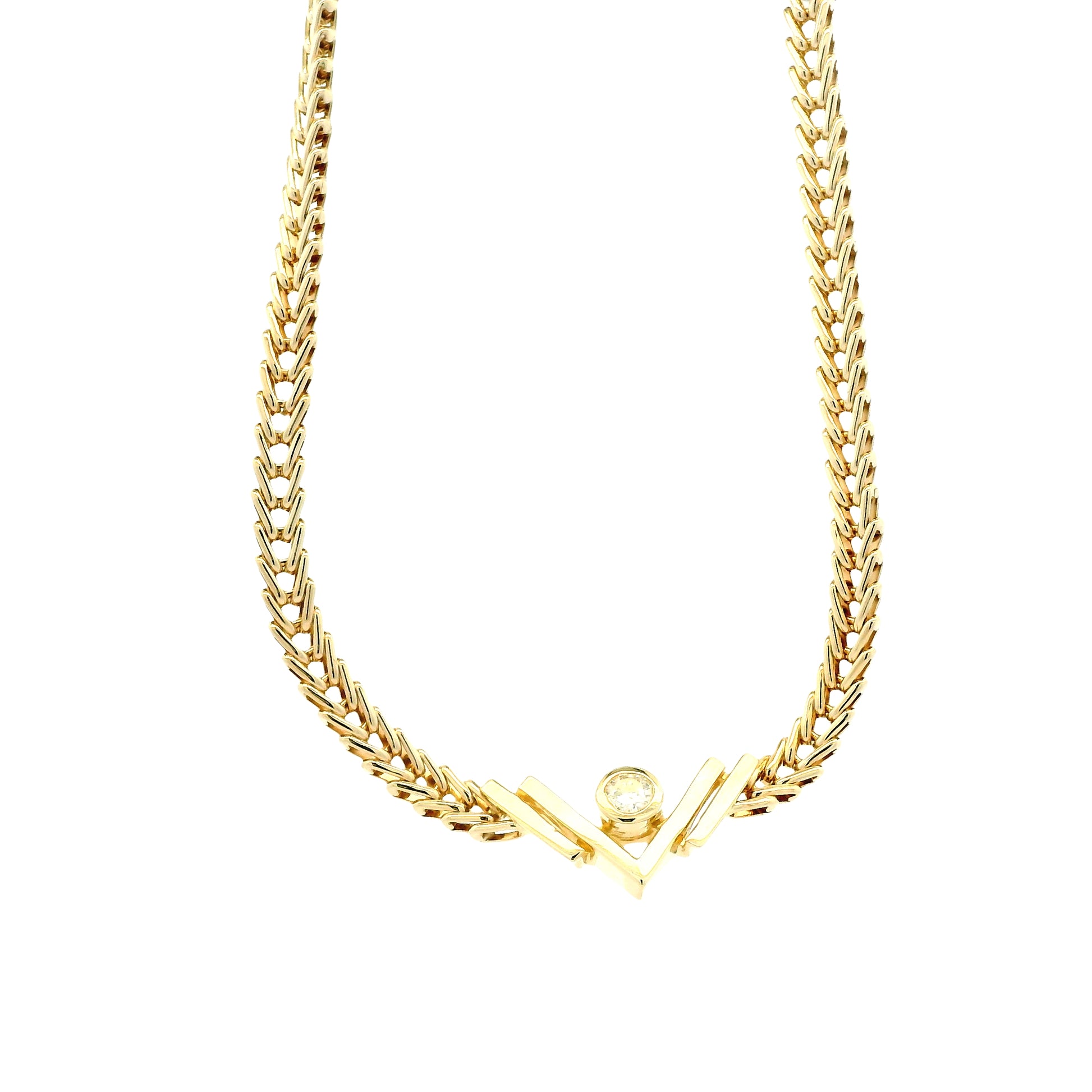 14k Yellow Gold V-Shaped Pendant Necklace with 0.10ct Round Diamond — macro detail of the stones