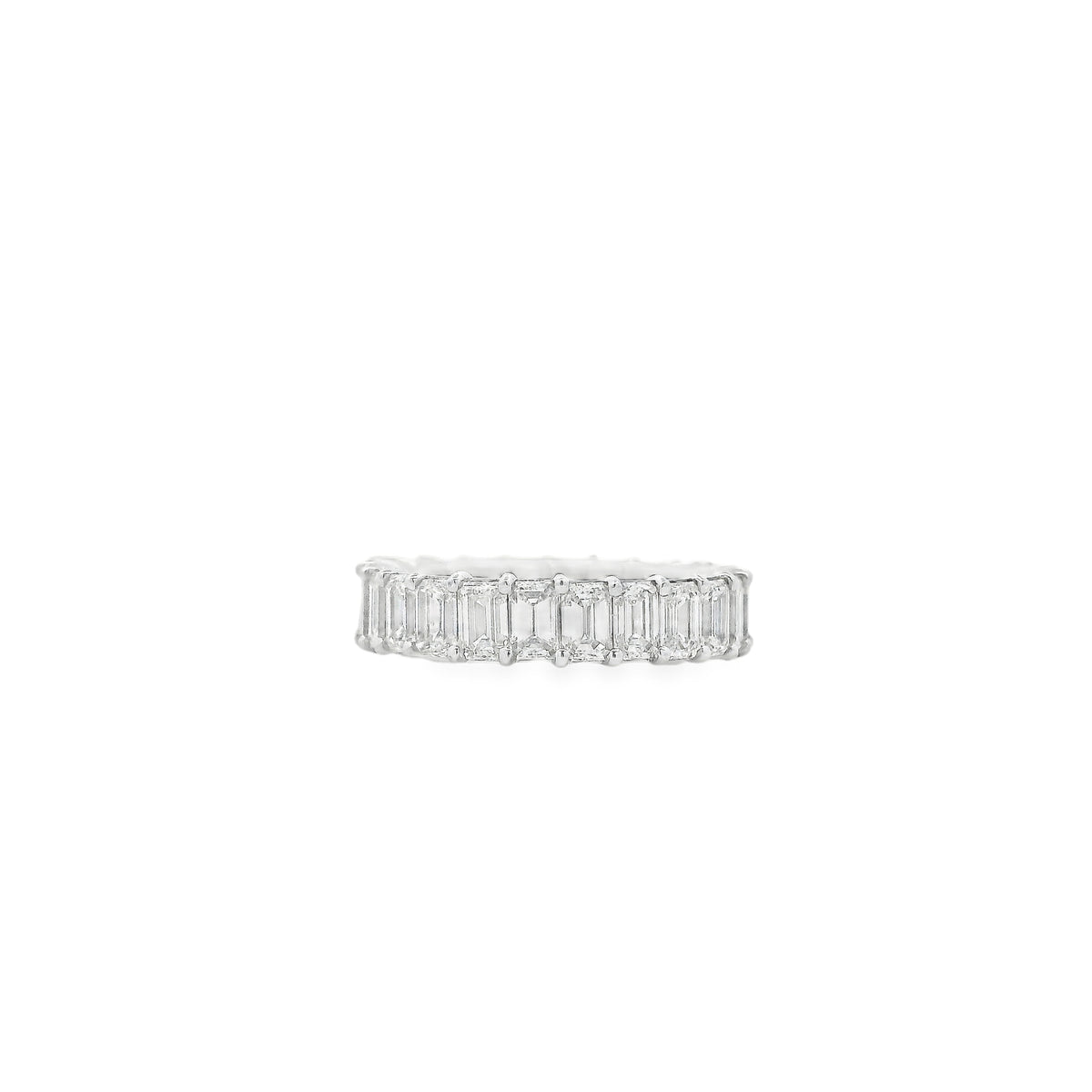 18k White Gold 4.76ctw Natural Emerald Cut Emerald Eternity Band Ring — macro detail of the stones