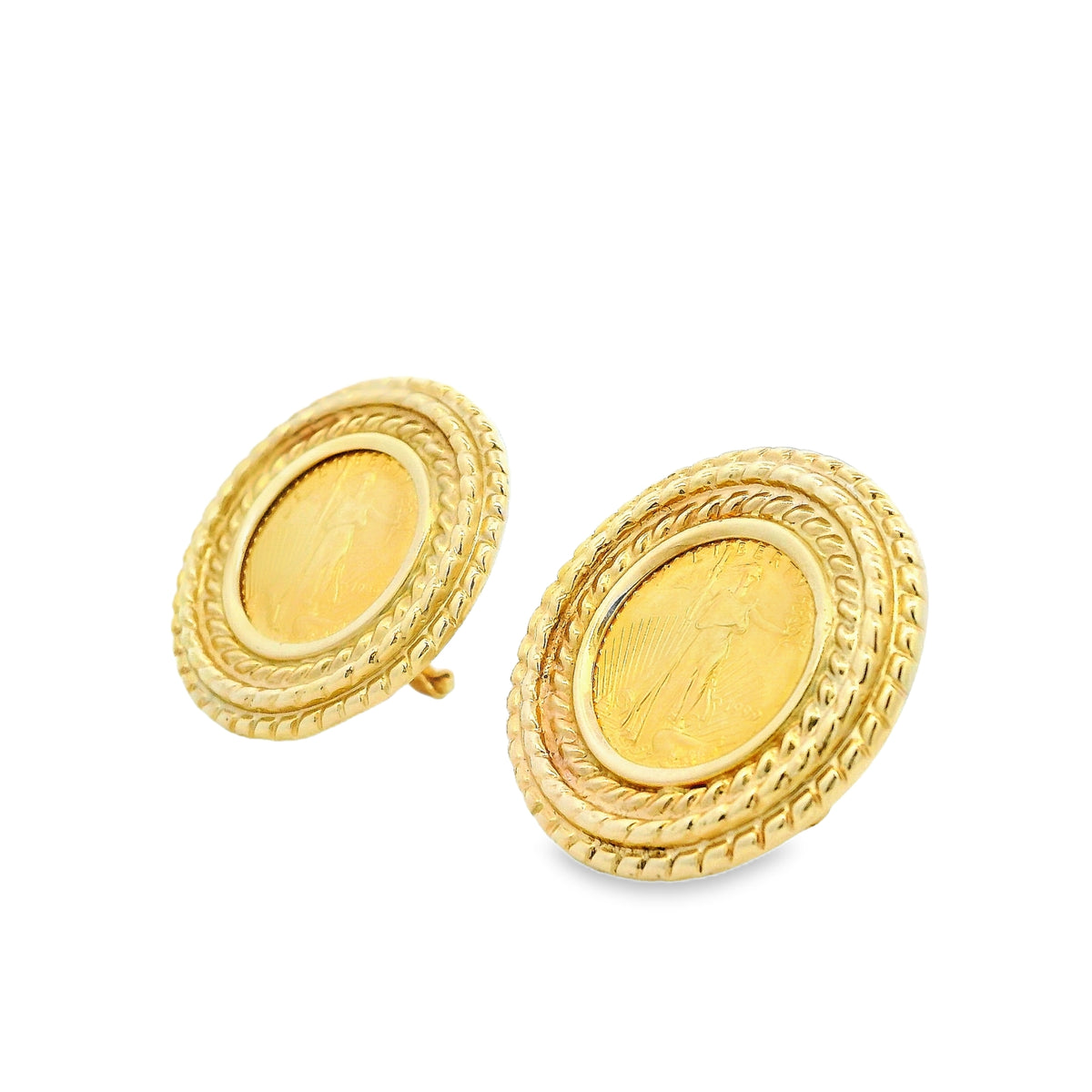 14k Yellow Gold 1999 $5 Liberty Coin Clip-Back Earrings — macro detail of the stone