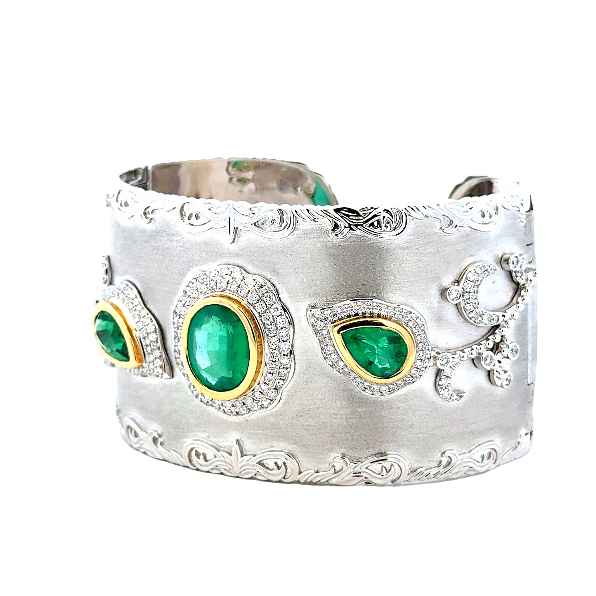 18k White Gold GIA Certified 6.72ct in Three Natural Emeralds and 1.98ctw Round Diamonds Hinged… — macro detail of the clasp