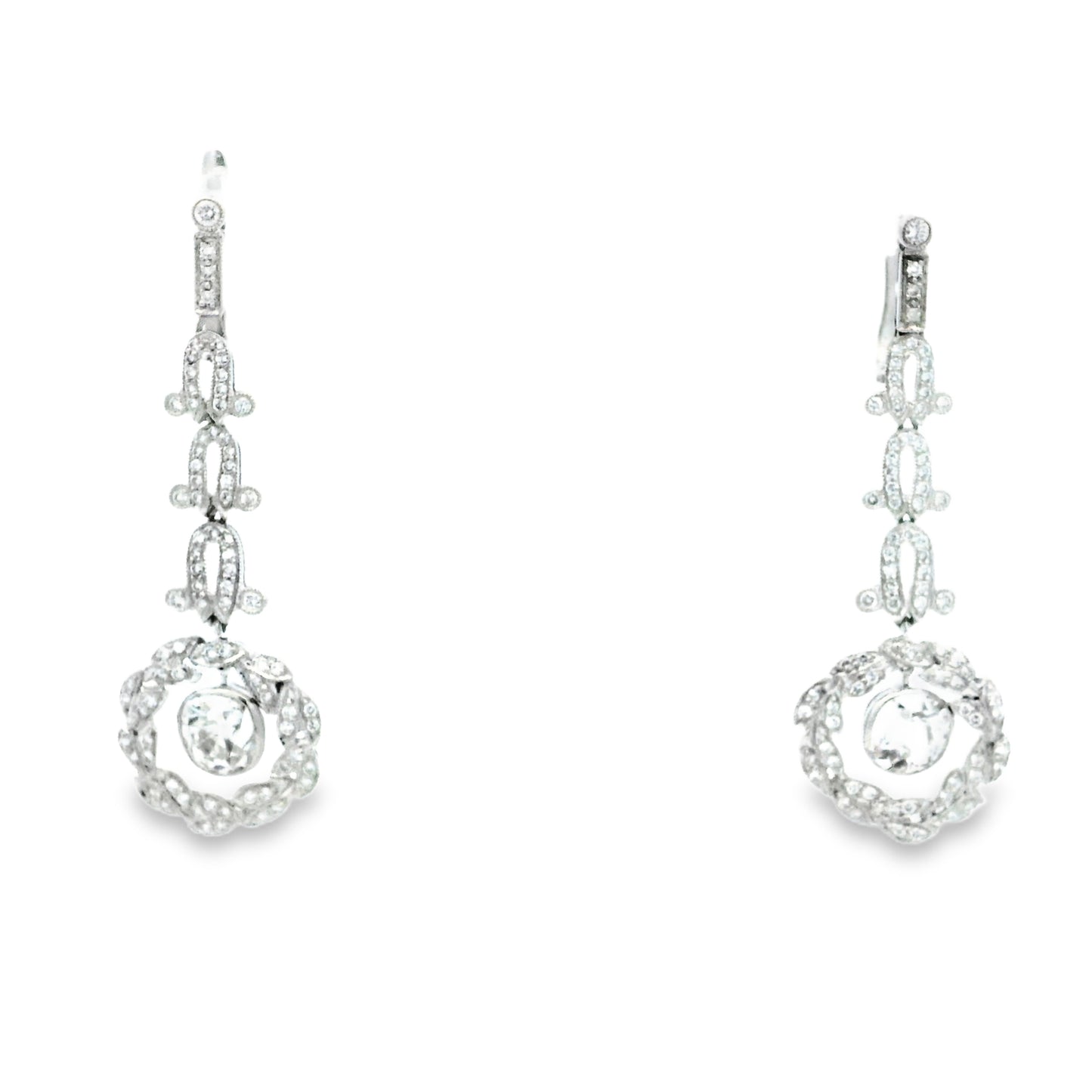 Platinum 3.88ctw Antique Cushion Cut Natural Diamond Dangle Earrings — macro detail of the stone