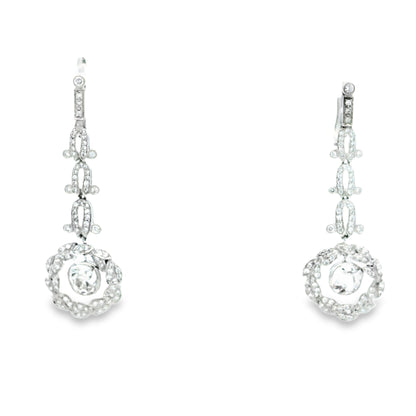 Platinum 3.88ctw Antique Cushion Cut Natural Diamond Dangle Earrings — macro detail of the stone