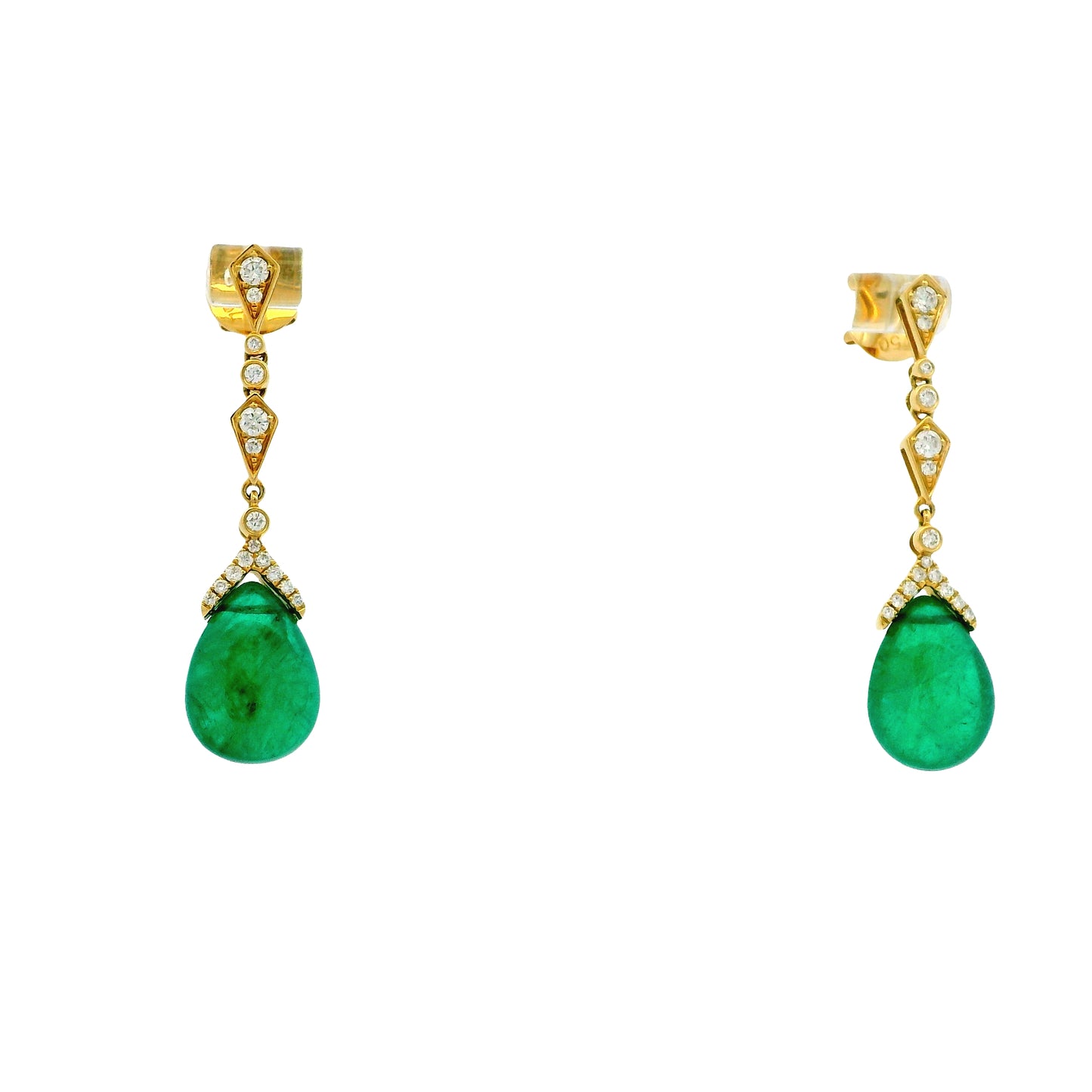 18k Yellow Gold GIA Certified 14.91ct Natural Emerald and 0.44ctw Round Diamond Dangle Earrings — macro detail of the stone