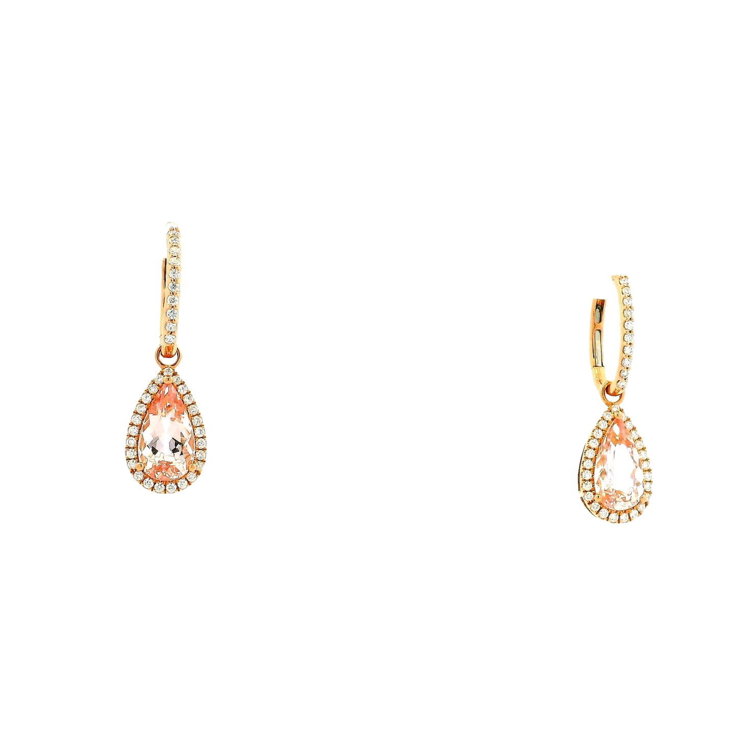 14k Rose Gold 3.44ctw Pear Cut Morganite and 0.49ctw Diamond Pavé Halo Drop Earrings — macro detail of the stone