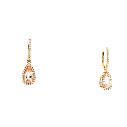14k Rose Gold 3.44ctw Pear Cut Morganite and 0.49ctw Diamond Pavé Halo Drop Earrings — macro detail of the stone