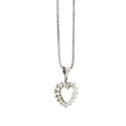 14k White Gold Diamond Heart Shaped Pendant Necklace with 16 Round Diamonds — macro detail of the bail and stones