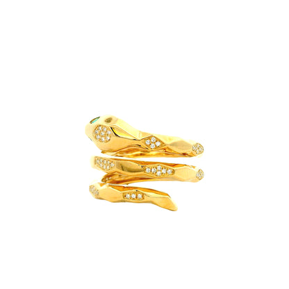 14k Yellow Gold 0.15ct Round Brilliant Diamond and 0.07ct Emerald Cut Diamond Snake Wrap Ring — macro detail of the stones