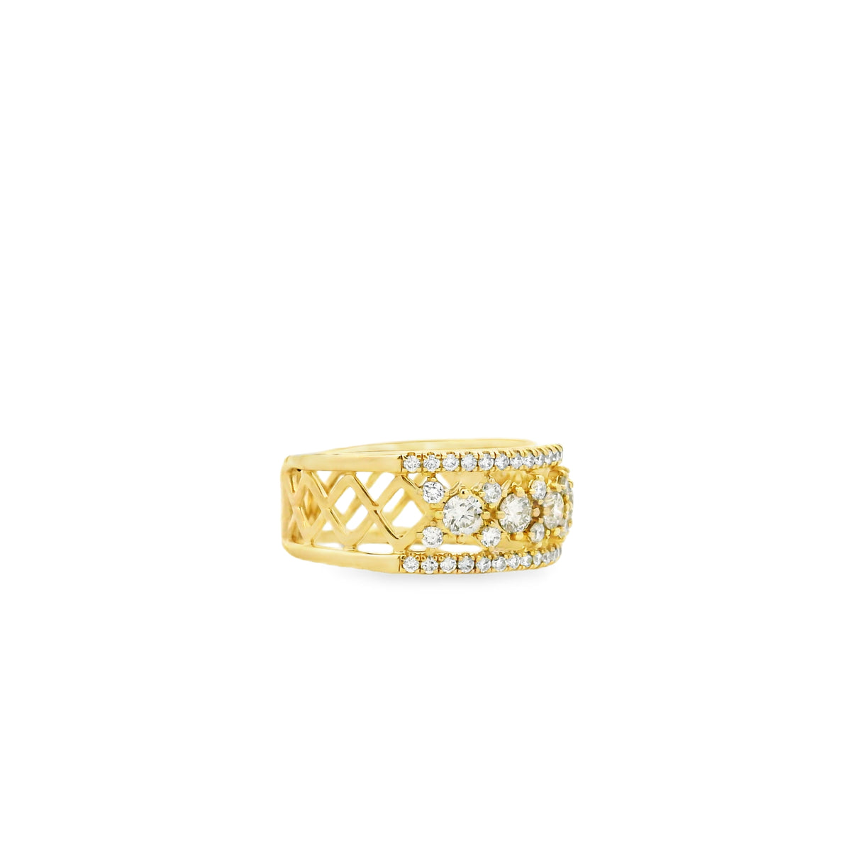Gabriel and Co. 14k Yellow Gold Three Row 1.12ctw Diamond Wide Band Ring — macro detail of the stones