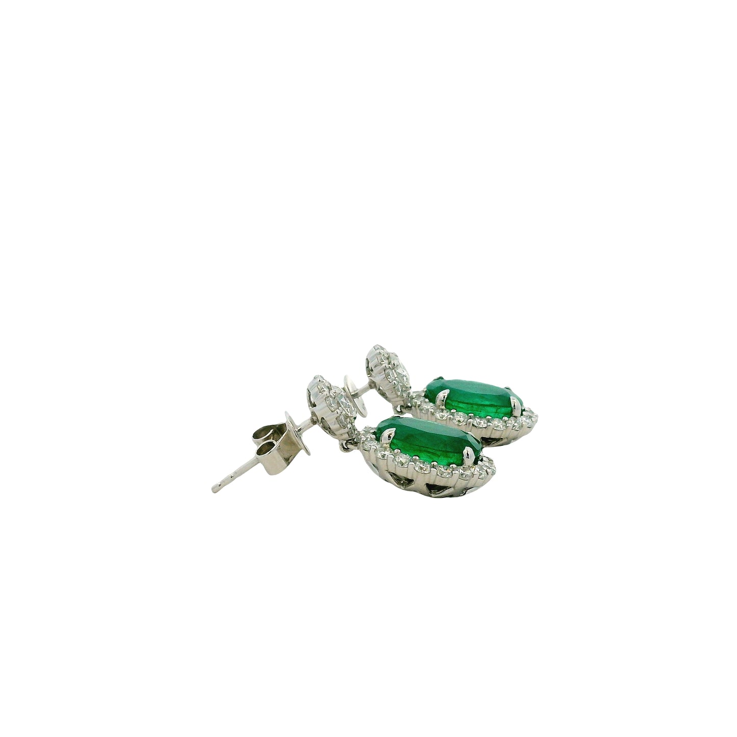 14k White Gold 5.21ctw GIA Certified Natural Green Emerald and Diamond Dangle Earrings — macro detail of the stone