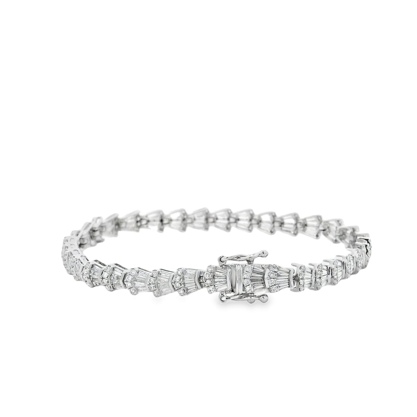 14k White Gold 5.05ctw Baguette Cut and Round Diamond Tennis Bracelet — macro detail of the clasp