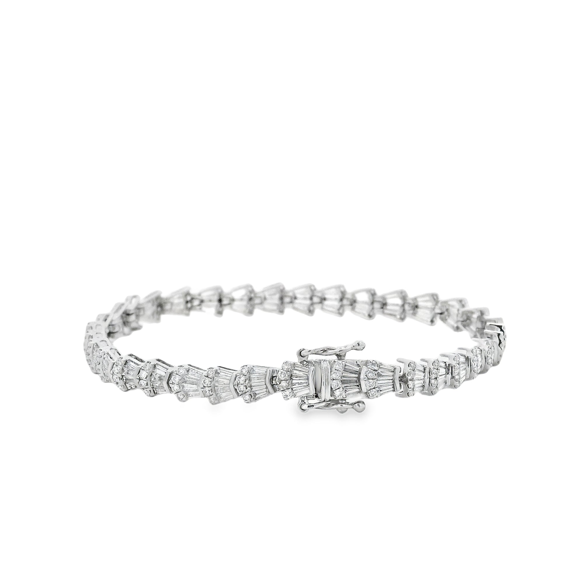 14k White Gold 5.05ctw Baguette Cut and Round Diamond Tennis Bracelet — macro detail of the clasp