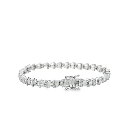 14k White Gold 5.05ctw Baguette Cut and Round Diamond Tennis Bracelet — macro detail of the clasp