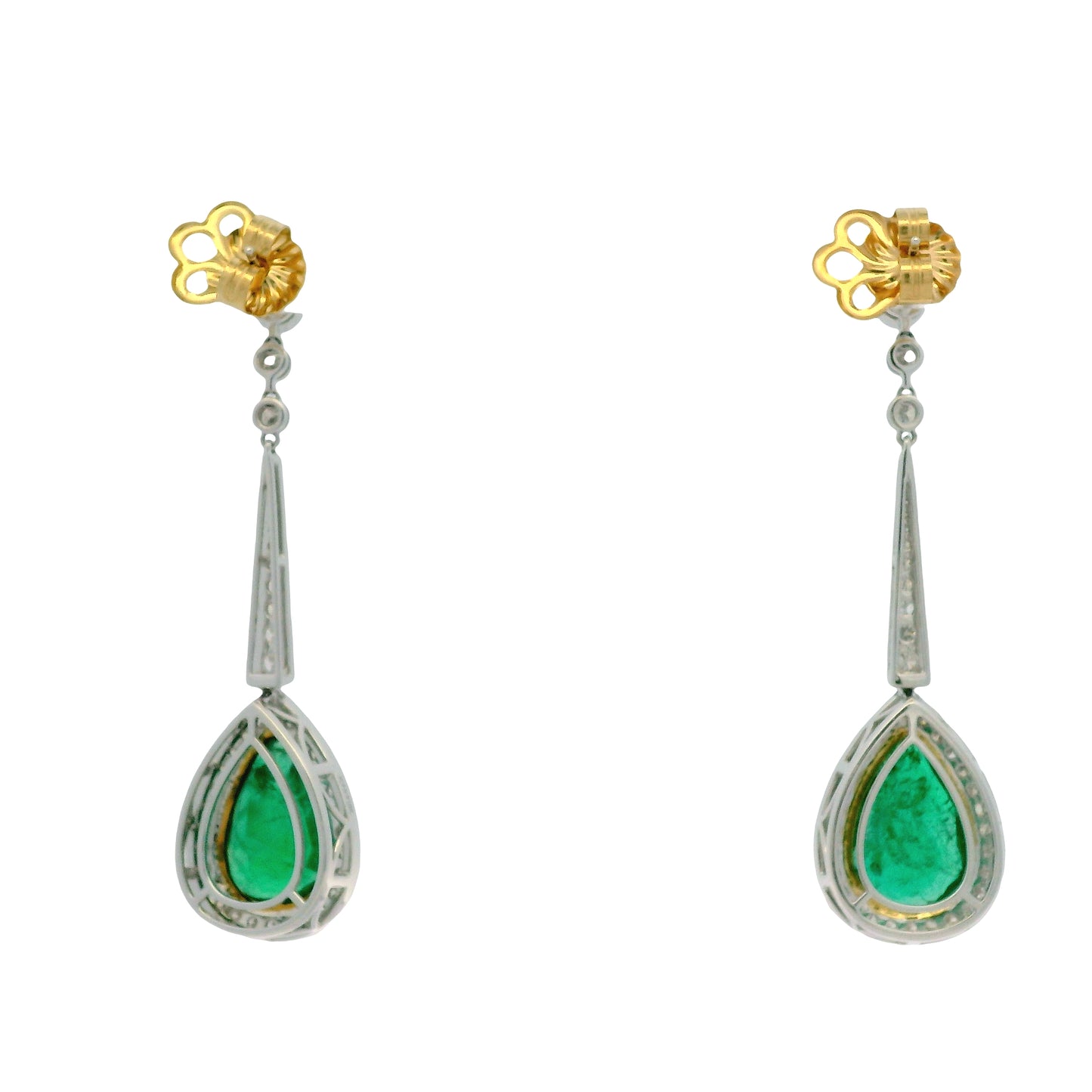 18k White Gold 11.51ct Emerald and 1.54ctw Round Brilliant Diamond Drop Earrings — macro detail of the stone