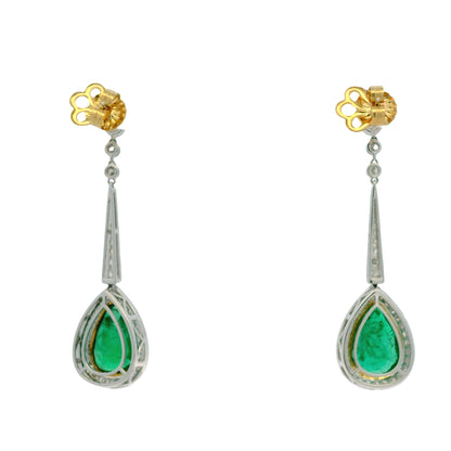 18k White Gold 11.51ct Emerald and 1.54ctw Round Brilliant Diamond Drop Earrings — macro detail of the stone