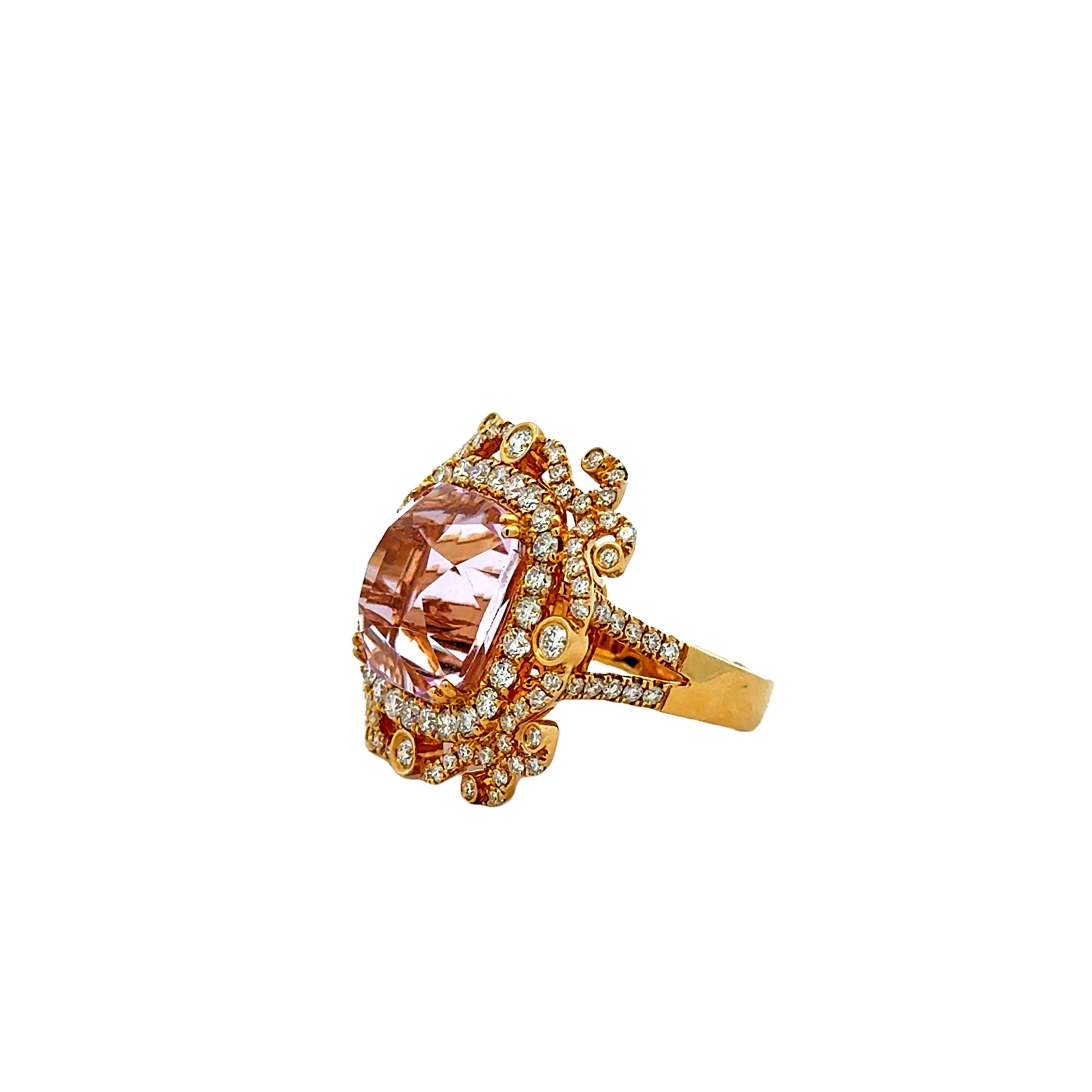18k Yellow Gold GIA Certified 17.51ct Kunzite and 1.97ctw Diamond Halo Ring — macro detail of the stones