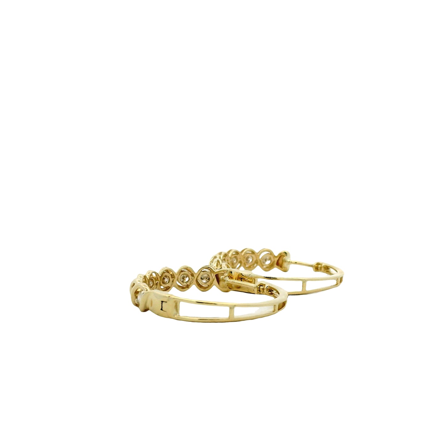 10k Yellow Gold 1.40ctw Bezel-Set Round Diamond Hoop Earrings — macro detail of the stones