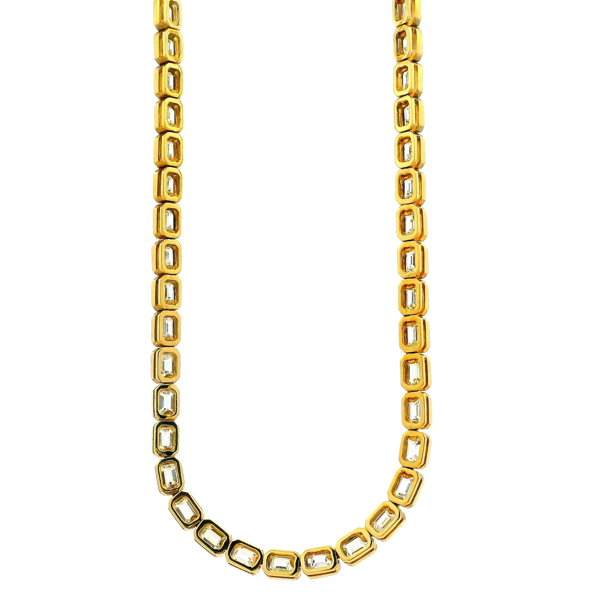 18k Yellow Gold 7.51ctw Emerald Cut Natural Diamond Bezel Station Necklace — macro detail of the centerpiece