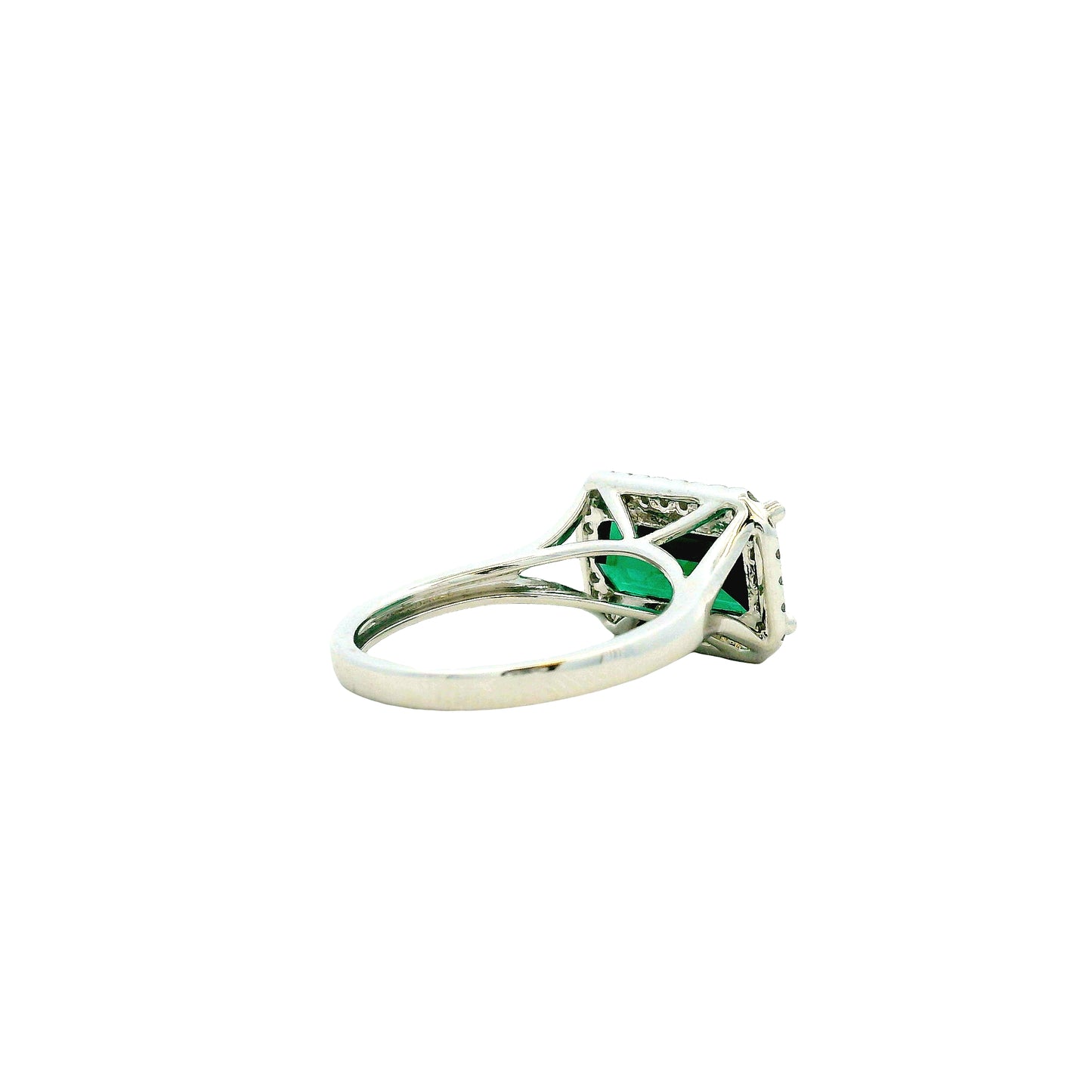 14k White Gold 3.54ct Emerald Cut Blue Tourmaline and 0.27ctw Diamond Halo Ring — macro detail of the stones