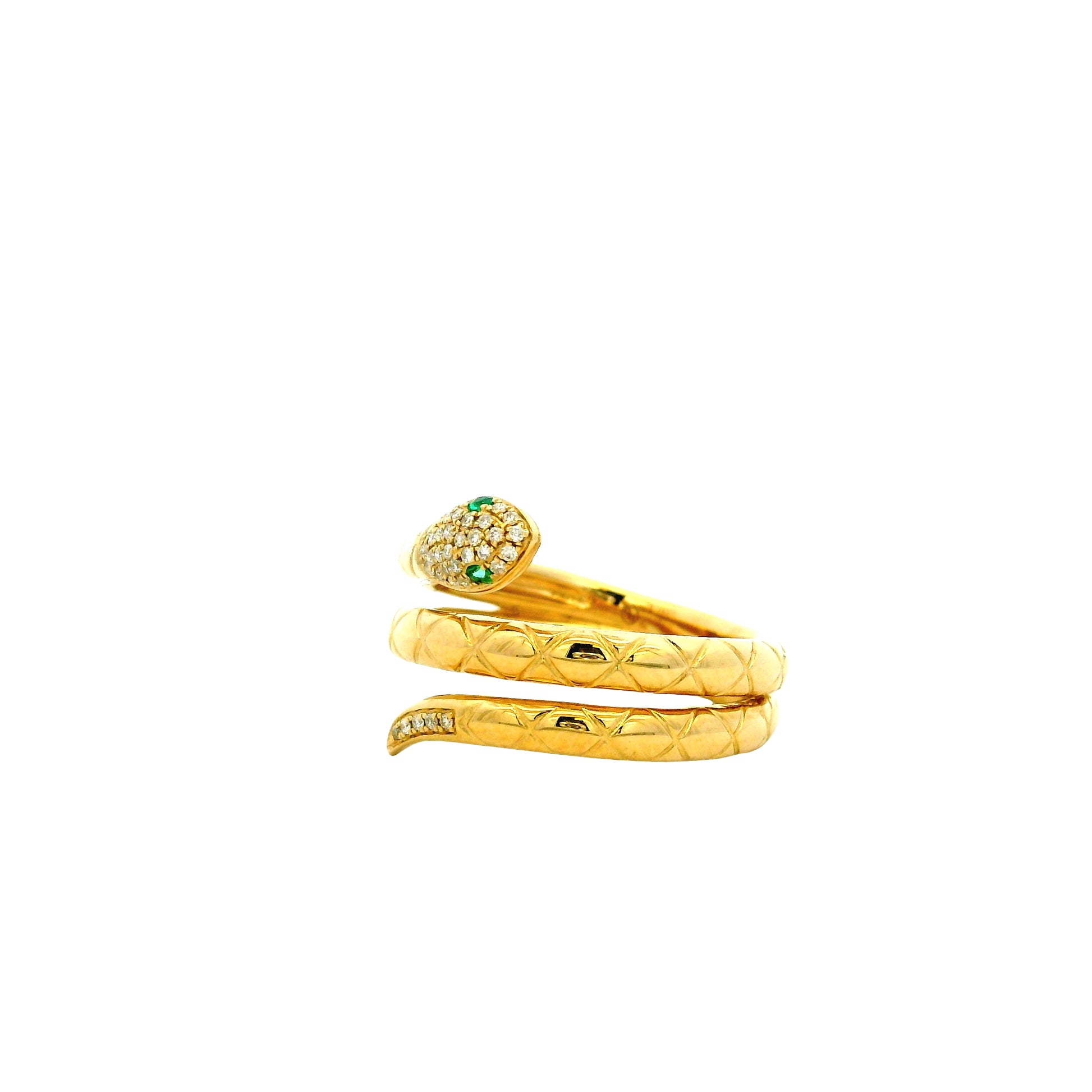 14k Yellow Gold 0.10ctw Diamond and Emerald Snake Wrap Ring — macro detail of the stones