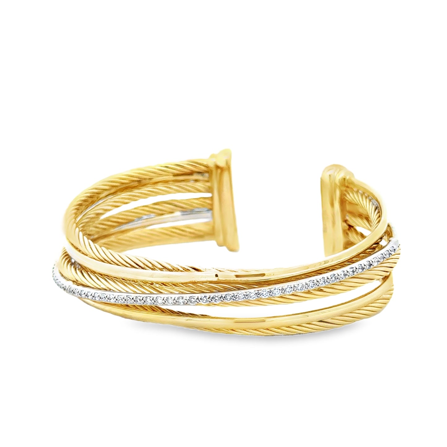 David Yurman 18k Two-Tone Crossover Collection Diamond Cuff Bracelet — macro detail of the dial