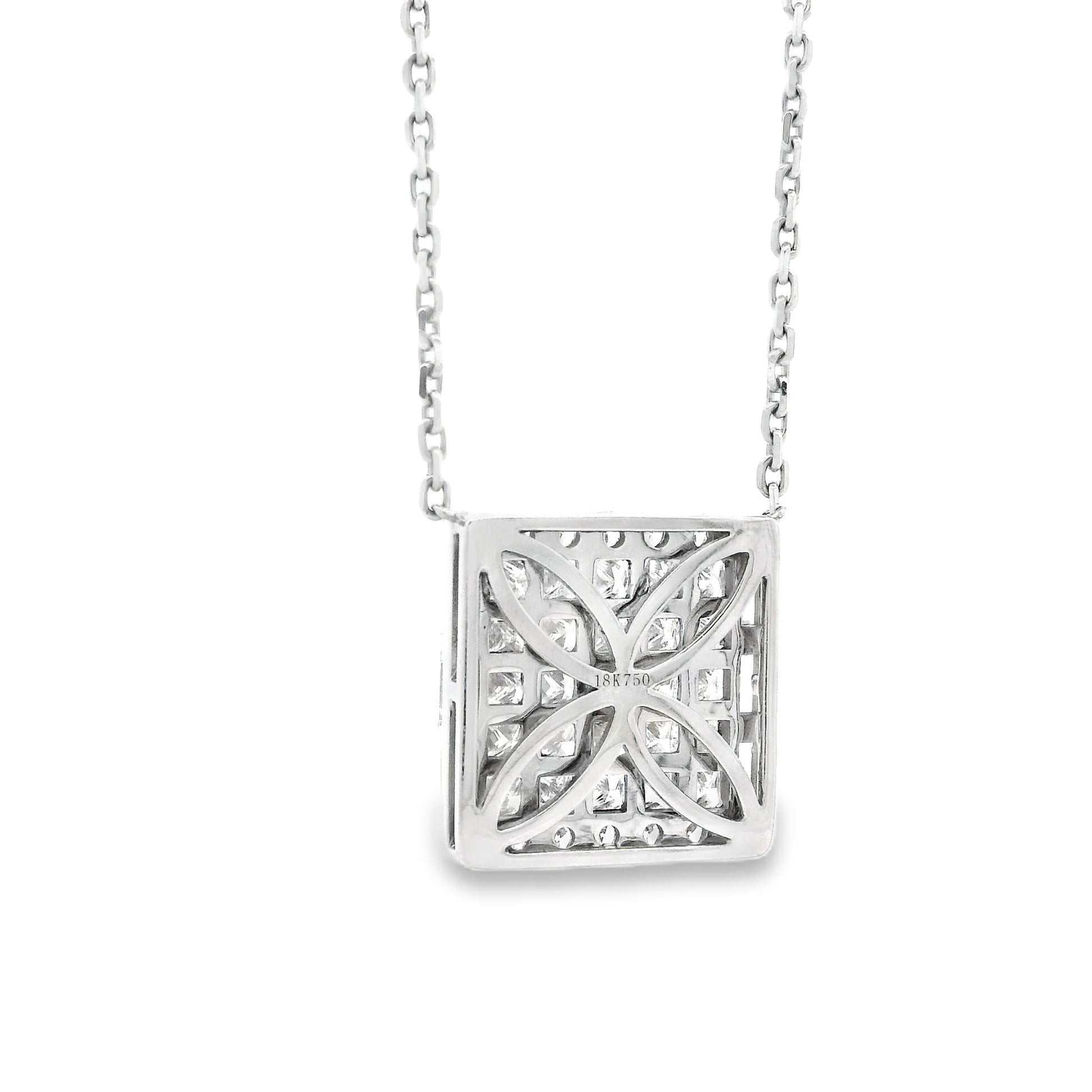 18k White Gold 4.00ctw Baguette & Princess Cut Diamond Invisible Set Pendant Necklace — macro detail of the centerpiece