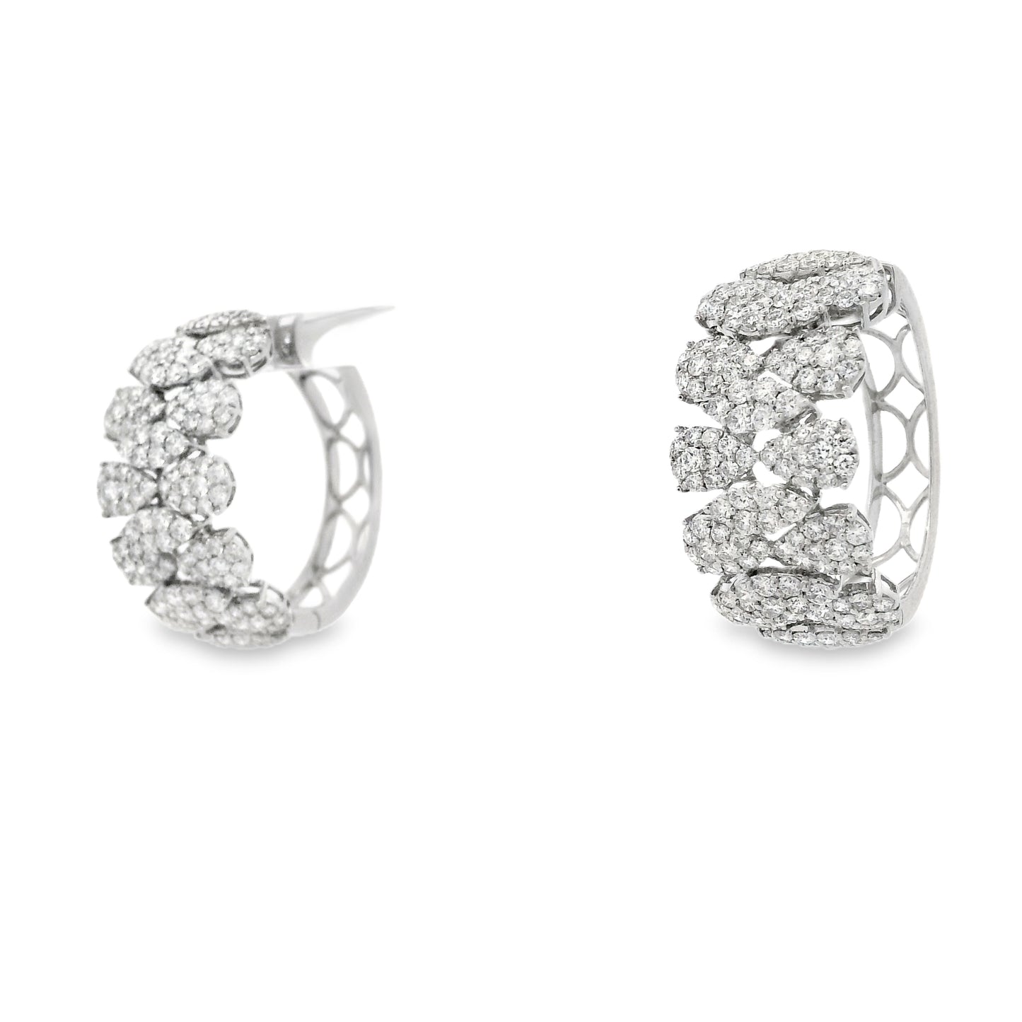 18k White Gold 5.97ctw Round Brilliant Diamond Cluster Pavé Hoop Earrings — macro detail of the stone