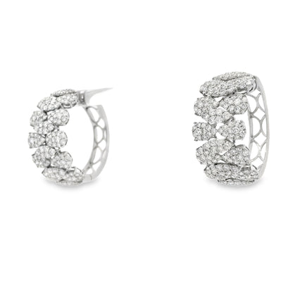 18k White Gold 5.97ctw Round Brilliant Diamond Cluster Pavé Hoop Earrings — macro detail of the stone